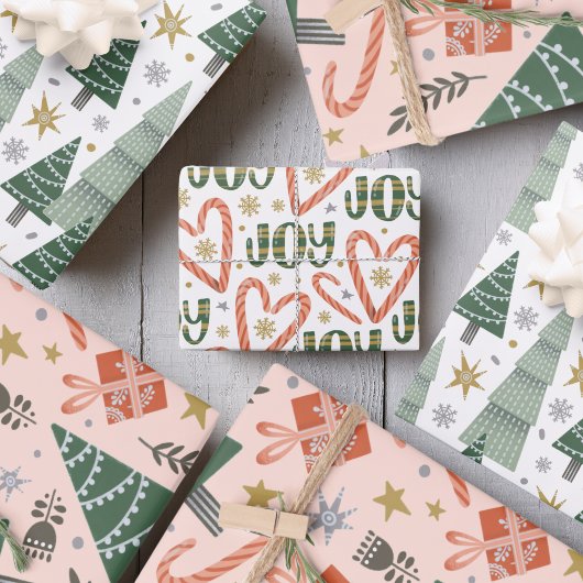 Kerstbomen, snoepstokken en cadeaus inpakpapier vel