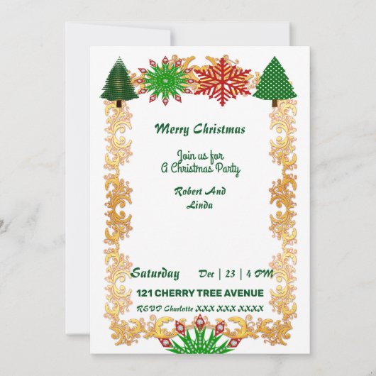 kerstbomen Snowflakes Gold Lijst Party Invite (Voorkant)