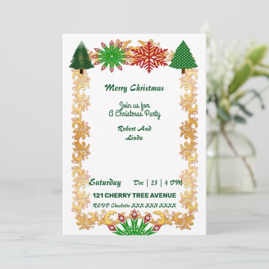kerstbomen Snowflakes Gold Lijst Party Invite (Staand voorkant)
