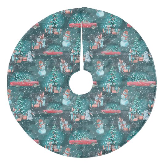 Kerstbomen, Snowmen, Bunnies en Truck Fleece Kerstboom Rok (Voorkant)