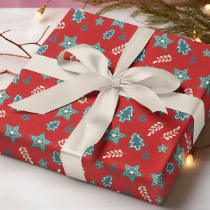 Kerstbomen Sterren Bloemmotief Rood Groen Cadeaupapier