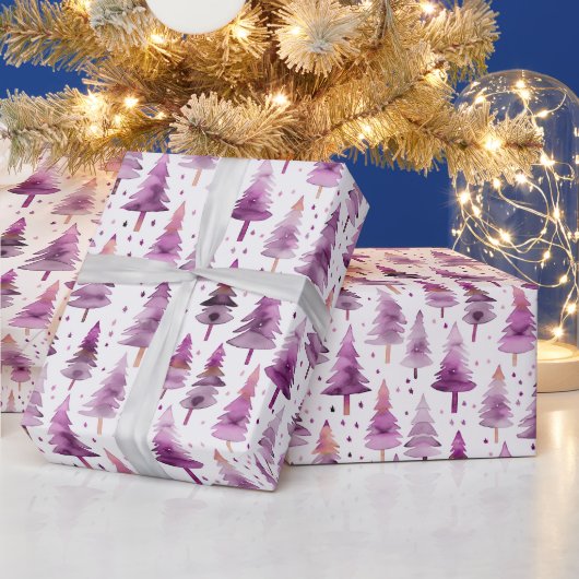 Kerstbomen Sterren Paarse Roze Kerst Cadeaupapier (Feestdagen)