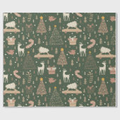 Kerstbomen Sterren Rendieren Groene Kerstmis Cadeaupapier (Vlak)