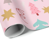 Kerstbomen sterren roze vakantie cadeaupapier (Rol Hoek)