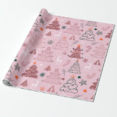Kerstbomen Sterren Sneeuwvlokken Roze Kerstmis Cadeaupapier (Uitgerold)