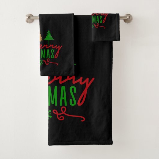 Kerstbomen tekst op zwart bad handdoek (Insitu)