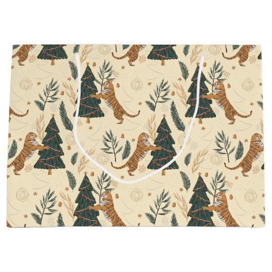 Kerstbomen & Tijgers Custom Beige Achtergrond Groot Cadeauzakje (Voorkant)