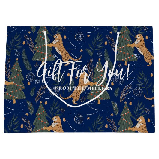 Kerstbomen & tijgers donkerblauwe achtergrond groot cadeauzakje (Voorkant)