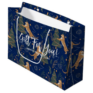 Kerstbomen & tijgers donkerblauwe achtergrond groot cadeauzakje