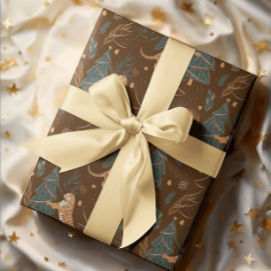 Kerstbomen & tijgers patroon bruine achtergrond cadeaupapier