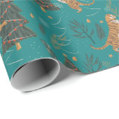 Kerstbomen & tijgers patroon op turquoise cadeaupapier (Rol Hoek)