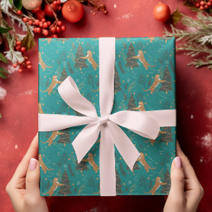 Kerstbomen & tijgers patroon op turquoise cadeaupapier