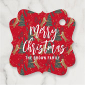 Kerstbomen & tijgers patroon rode achtergrond bedankjes labels (Achterkant)