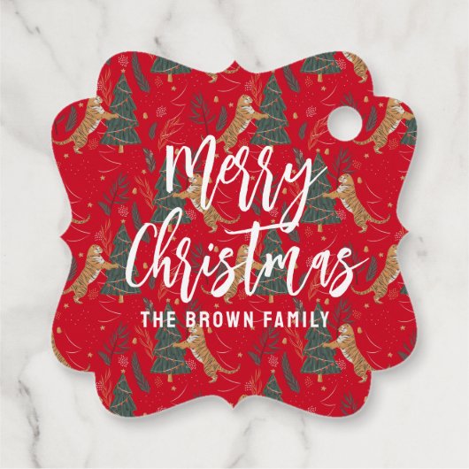 Kerstbomen & tijgers patroon rode achtergrond bedankjes labels (Achterkant)