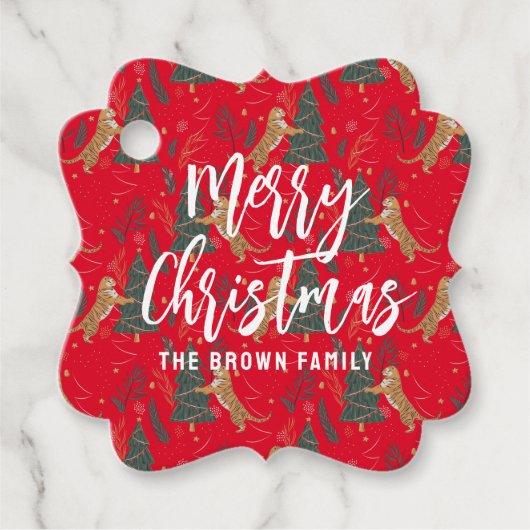 Kerstbomen & tijgers patroon rode achtergrond bedankjes labels (Voorkant)