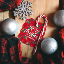 Kerstbomen & tijgers patroon rode achtergrond bedankjes labels