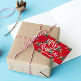 Kerstbomen & tijgers patroon rode achtergrond cadeaulabel