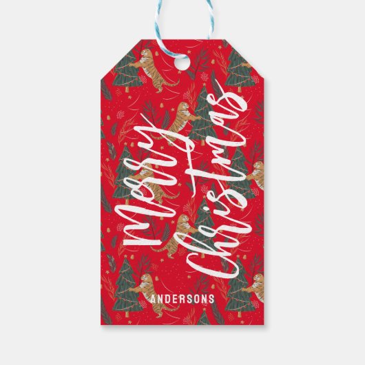 Kerstbomen & tijgers patroon rode achtergrond cadeaulabel (Achterkant)