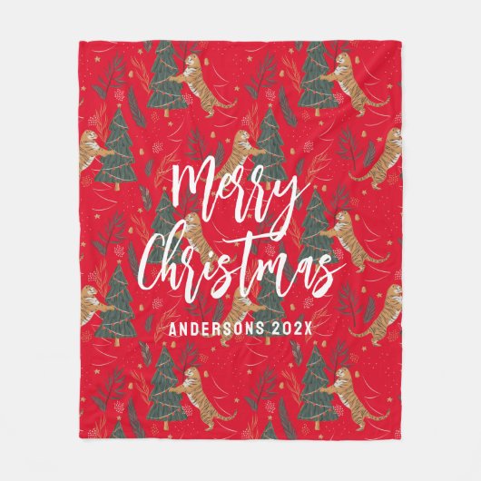 Kerstbomen & tijgers patroon rode achtergrond fleece deken (Voorkant)