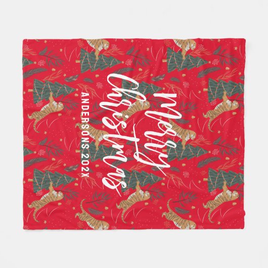 Kerstbomen & tijgers patroon rode achtergrond fleece deken (Voorkant (Horizontaal))