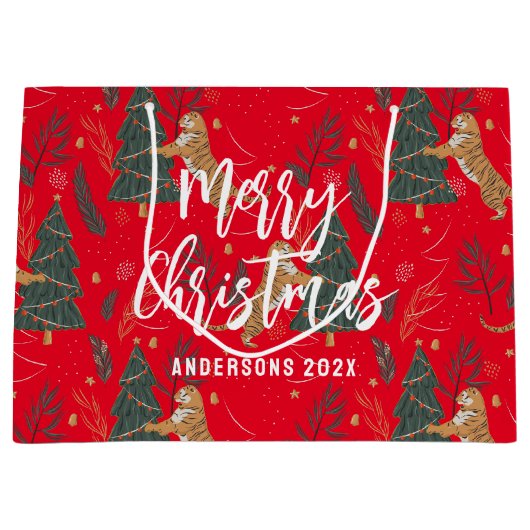 Kerstbomen & tijgers patroon Rode achtergrond Groot Cadeauzakje (Voorkant)