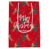 Kerstbomen & tijgers patroon rode achtergrond medium cadeauzakje (Achterkant)