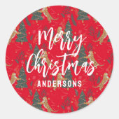 Kerstbomen & tijgers patroon rode achtergrond ronde sticker (Voorkant)
