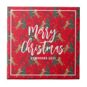 Kerstbomen & tijgers patroon rode achtergrond tegeltje (Voorkant)