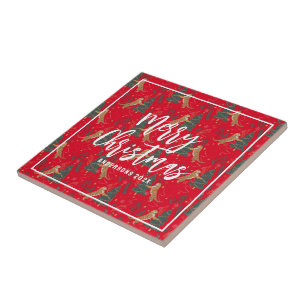 Kerstbomen & tijgers patroon rode achtergrond tegeltje