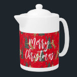 Kerstbomen & tijgers patroon rode achtergrond theepot<br><div class="desc">Dit kleurrijke kerstboompatroon in cartoon-stijl met een aanpasbare rode achtergrond. Kerstmis,  bomen,  kerstdieren en andere kerstsymbolen.</div>