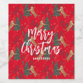 Kerstbomen & tijgers patroon rode achtergrond wijn etiket (Enkel label)