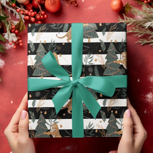 Kerstbomen & tijgers Zwart Witte Strepen Cadeaupapier