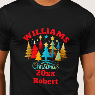 Kerstbomen versierd familienaam bewerkbaar t-shirt
