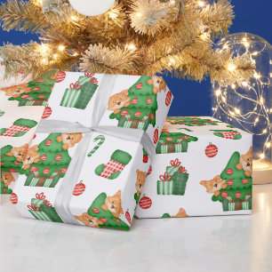 Kerstbomen, versierselen en katten cadeaupapier