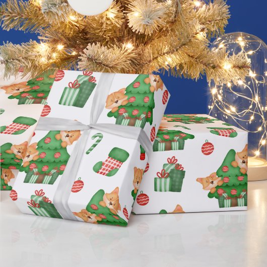Kerstbomen, versierselen en katten cadeaupapier (Feestdagen)