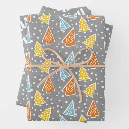 Kerstbomen "Vrolijk Kerstfeest" sneeuwgrijs rustie Inpakpapier Vel (In situ)