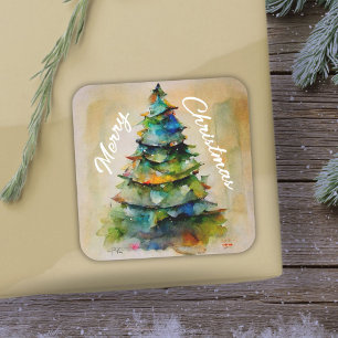 Kerstbomen Waterverf artistieke kerst Vierkante Sticker