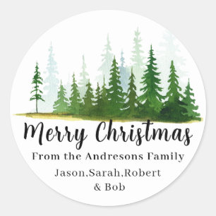 Kerstbomen waterverf familienaam elegant ronde sticker