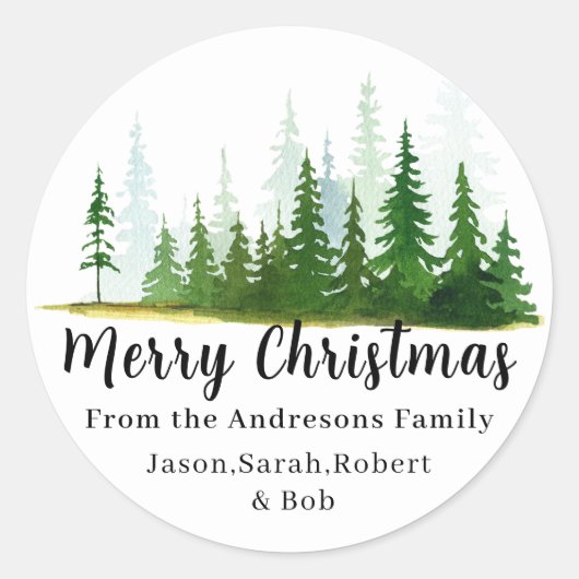 Kerstbomen waterverf familienaam elegant ronde sticker (Voorkant)