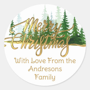 Kerstbomen waterverf familienaam elegant ronde sticker