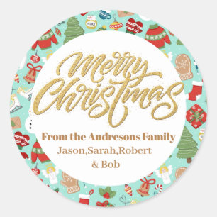 Kerstbomen waterverf familienaam elegant ronde sticker