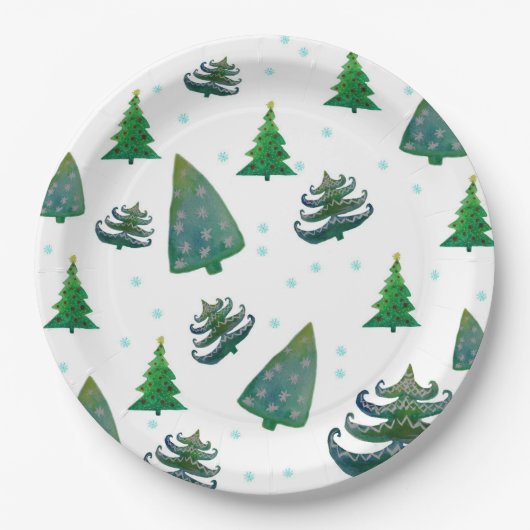 Kerstbomen Waterverf Kunst Papieren Bordje (Voorkant)