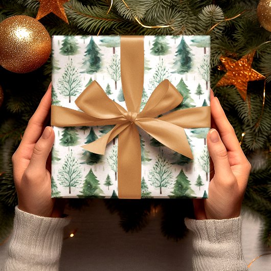 Kerstbomen Waterverf Patroon Groene Vakantie Cadeaupapier