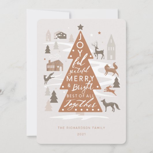 Kerstbomen Woodland Dieren en Cozy Village Feestdagenkaart (Voorkant)