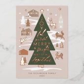 Kerstbomen Woodland Dieren en Cozy Village Folie Feestdagenkaart (Voorkant)