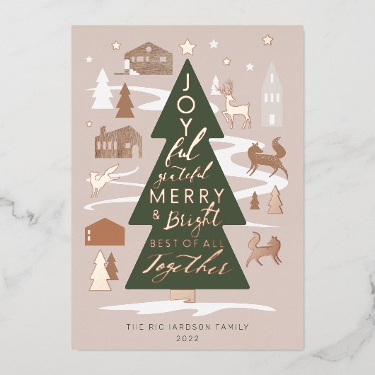 Kerstbomen Woodland Dieren en Cozy Village Folie Feestdagenkaart (Voorkant)