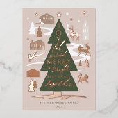 Kerstbomen Woodland Dieren en Cozy Village Folie Feestdagenkaart (Voorkant)