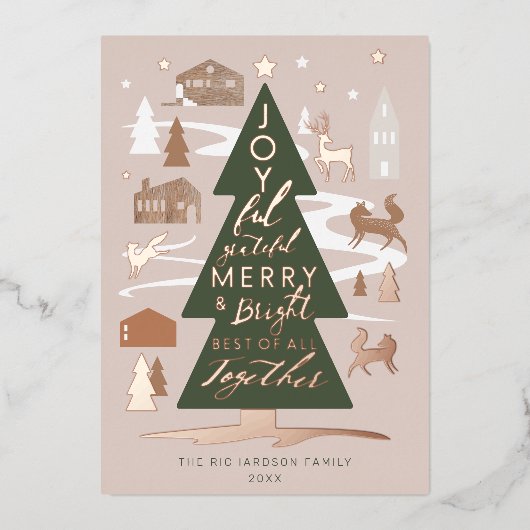 Kerstbomen Woodland Dieren en Cozy Village Folie Feestdagenkaart (Voorkant)
