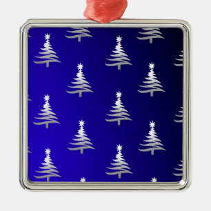 Kerstbomen Zilver op Kobaltblauw Metalen Ornament