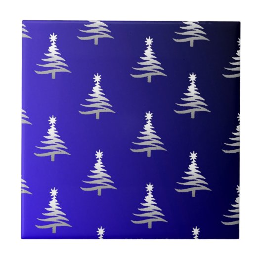 Kerstbomen Zilver op Kobaltblauw Tegeltje (Voorkant)